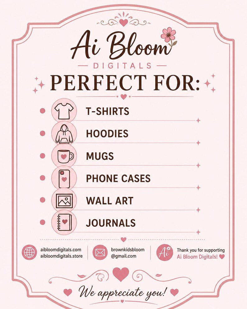 May include: A light pink informational graphic with dark brown text and icons. The header reads Ai Bloom DIGITALS and PERFECT FOR. A list follows with icons for t-shirts, hoodies, mugs, phone cases, wall art, and journals. Contact info is at the bottom.