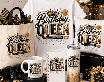 Birthday Queen PNG, Black Gold Crown, Glam Birthday Shirt Design (Canva Link Download)