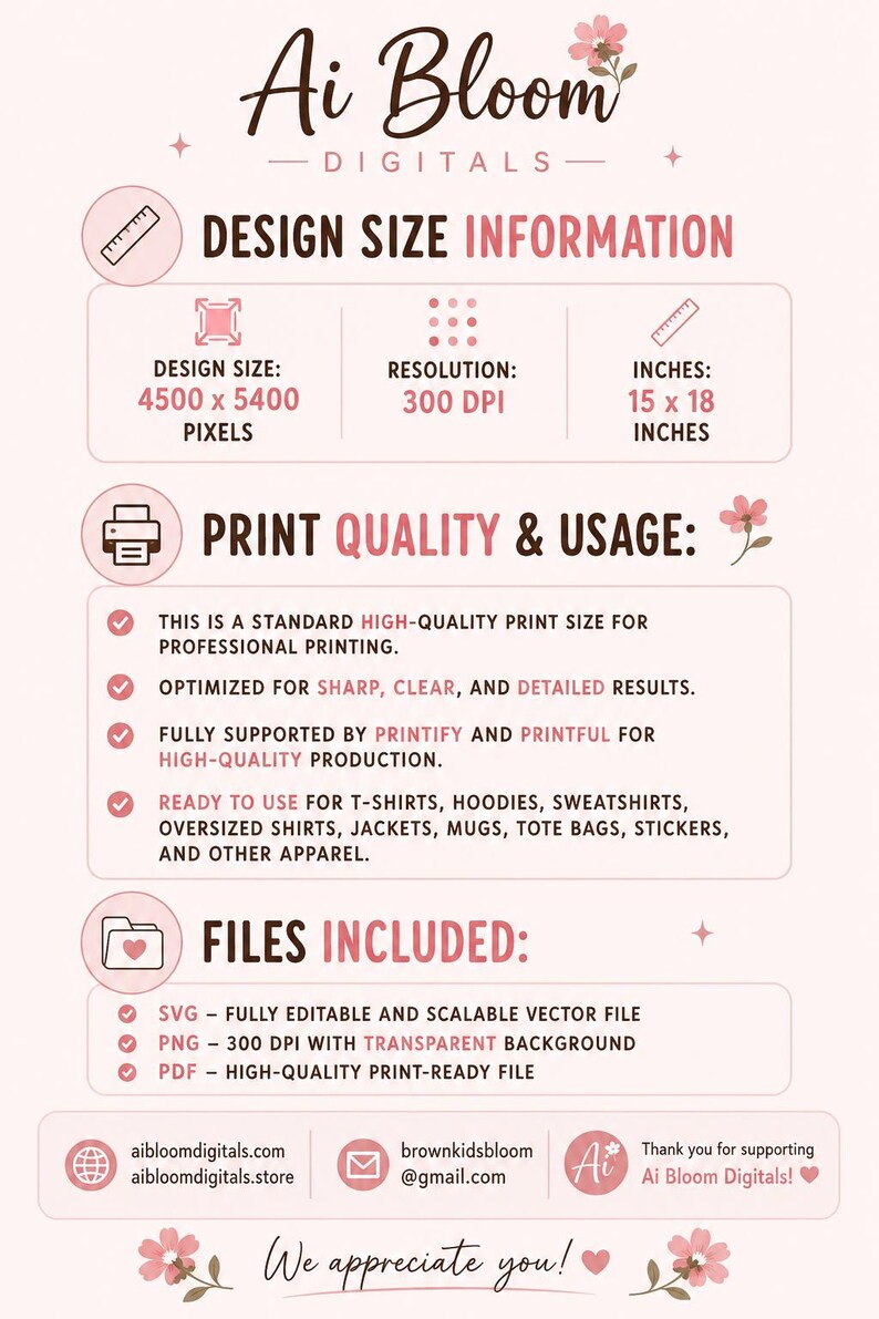 May include: An informational graphic for Ai Bloom Digitals listing design specifications including a size of 4500 x 5400 pixels, 300 DPI resolution, and 15 x 18 inches. It details print quality, usage for apparel and items, and file formats SVG, PNG, and PDF.