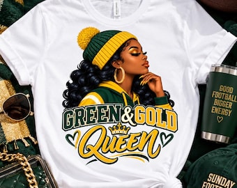 Green & Gold Queen Football Shirt Design, Game Day Mom PNG (Digital Download)