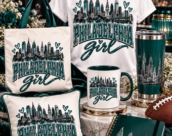 Philadelphia Girl Skyline PNG, Green Teal City Pride Design (Digital Download)