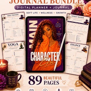 May include: A digital self-love journal bundle with a digital planner and journal. The image features a tablet with a woman's portrait, surrounded by daily, weekly, and finance trackers, and a mug that says "Be You Do You For You".