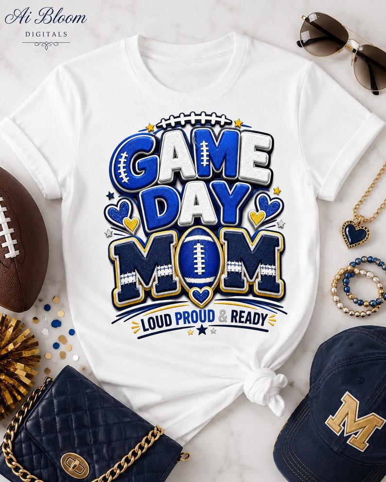 May include: A white short-sleeved t-shirt featuring a graphic design with the text "GAME DAY MOM" in blue and white block letters. A blue football replaces the letter O in MOM. The text "LOUD PROUD & READY" appears below in blue.