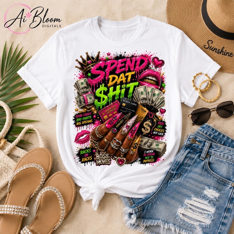 Puede incluir: Una camiseta blanca con un estampado gr&aacute;fico vibrante con el texto SPEND DAT SHIT, una corona dorada, fajos de billetes, tarjetas de cr&eacute;dito, un par de labios y una mano con u&ntilde;as largas decoradas adornadas con anillos y joyas.