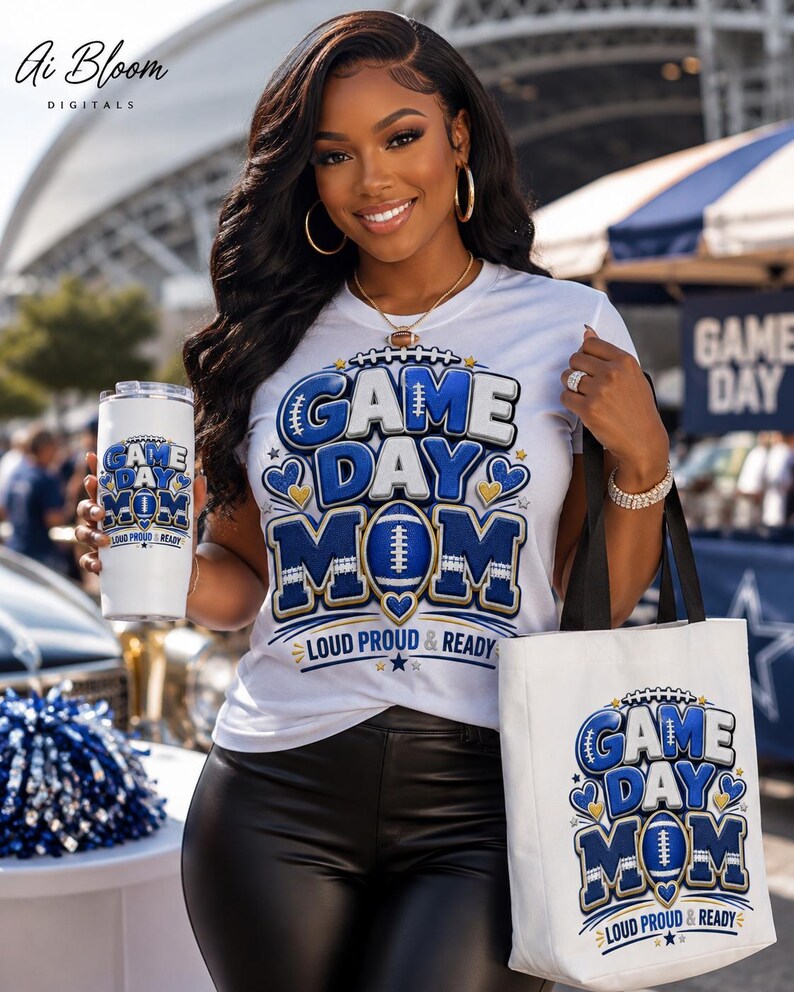 May include: A white t-shirt, a white tumbler, and a white tote bag, each featuring a blue and gold graphic design with the text "GAME DAY MOM" and "LOUD PROUD & READY" alongside football-themed illustrations and small heart and star accents.