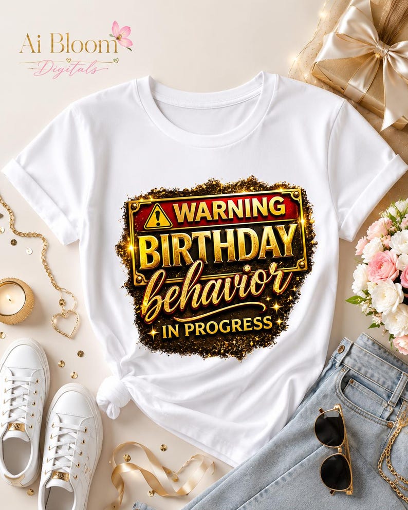 May include: A white short-sleeved t-shirt featuring a graphic design with a yellow warning triangle icon and the text "WARNING BIRTHDAY behavior IN PROGRESS" in bold gold and red lettering, set against a dark, textured, glittery background.