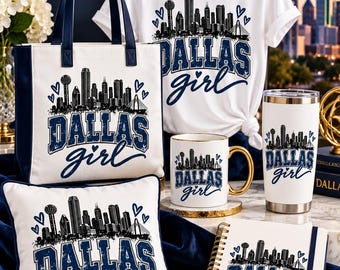 Dallas Girl Skyline Design, Navy Varsity Typography, Heart Accents (Digital Download)
