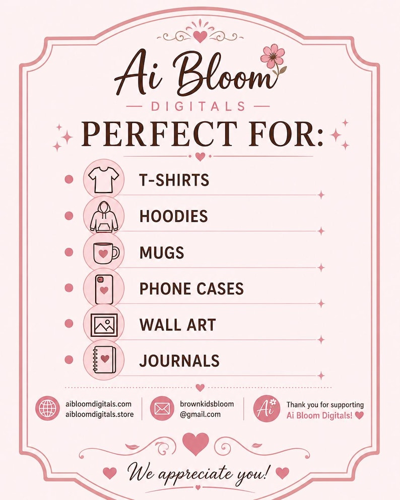 May include: A light pink informational graphic with dark brown text and icons. The header reads Ai Bloom DIGITALS and PERFECT FOR. A list follows with icons for t-shirts, hoodies, mugs, phone cases, wall art, and journals. Contact info is at the bottom.