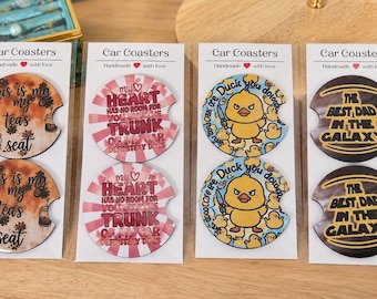 Car Coasters Set of 2: Funny Designs for Him & Her (New Driver Gift)