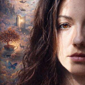 May include: A surreal digital art piece with a woman's face on the right side. The background depicts a dreamscape with a castle, hot air balloon, open books, and a staircase leading to a door. The text "Dream Interpretation" is at the bottom.