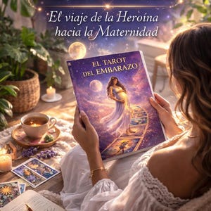 May include: A person holding a book titled "EL TAROT DEL EMBARAZO" (The Tarot of Pregnancy). The book cover features an illustration of a pregnant person in a flowing gown. The image has a warm, inviting atmosphere with candles and a cup of tea.
