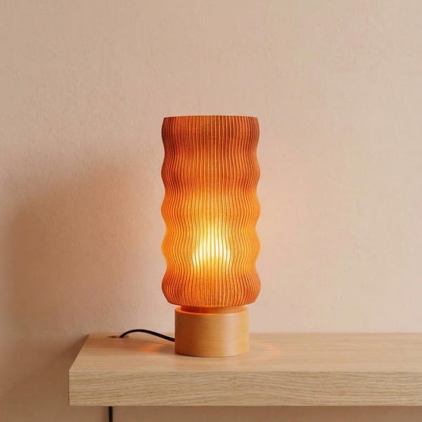 Slim Ribbed Bedside Lamp with Translucent Green and Orange Shade, Modern Accent Table Lamp