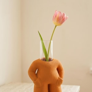 Moderne sculpturale vaas met glazen inzetstuk, abstracte lichaamsvaas, minimalistische bloem, uniek, woondecoratie