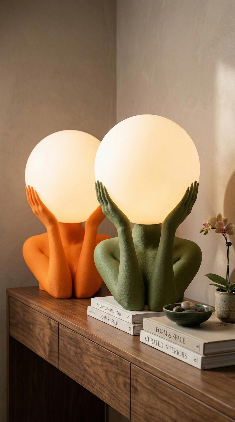 May include: Two table lamps featuring textured, matte-finish human-like busts in orange and olive green. Each bust has raised arms holding a large, spherical, glowing white glass shade. The lamps are positioned on top of stacked hardcover books.