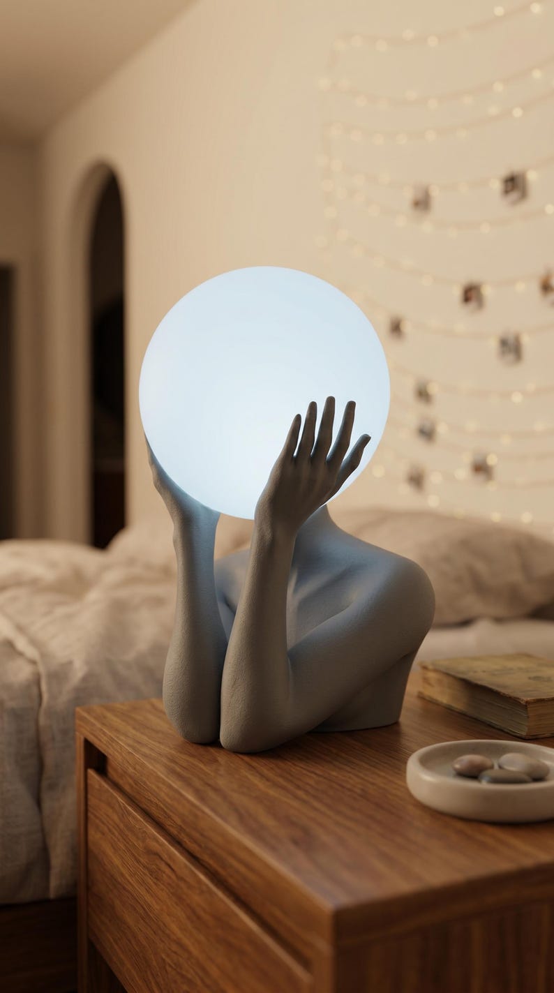 May include: A gray sculptural table lamp featuring a human torso and arms reaching upward to hold a large, glowing, spherical white light bulb. The lamp is crafted with a matte finish and depicts a figure with hands positioned around the orb.