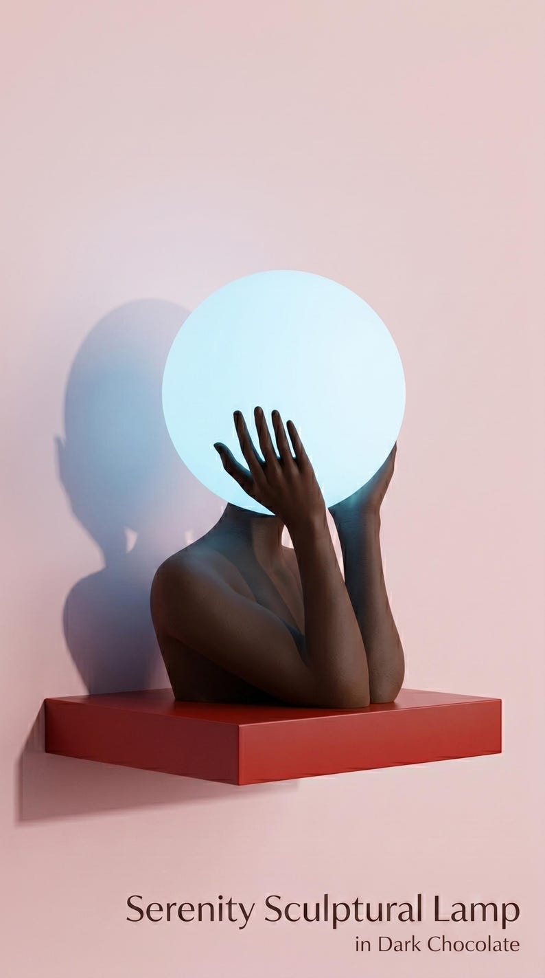 May include: A dark chocolate colored sculptural lamp featuring a torso with raised hands holding a glowing, circular, light blue orb. The base is a rectangular red platform. The text "Serenity Sculptural Lamp in Dark Chocolate" is printed below.