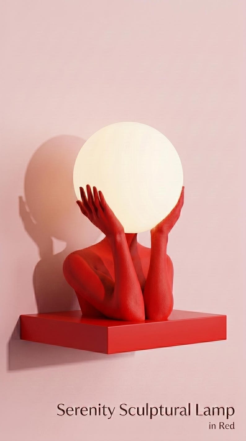 Serenity Sculptural Art Lamp, Modern Decor, Bedside Lamp, Unique Light Red