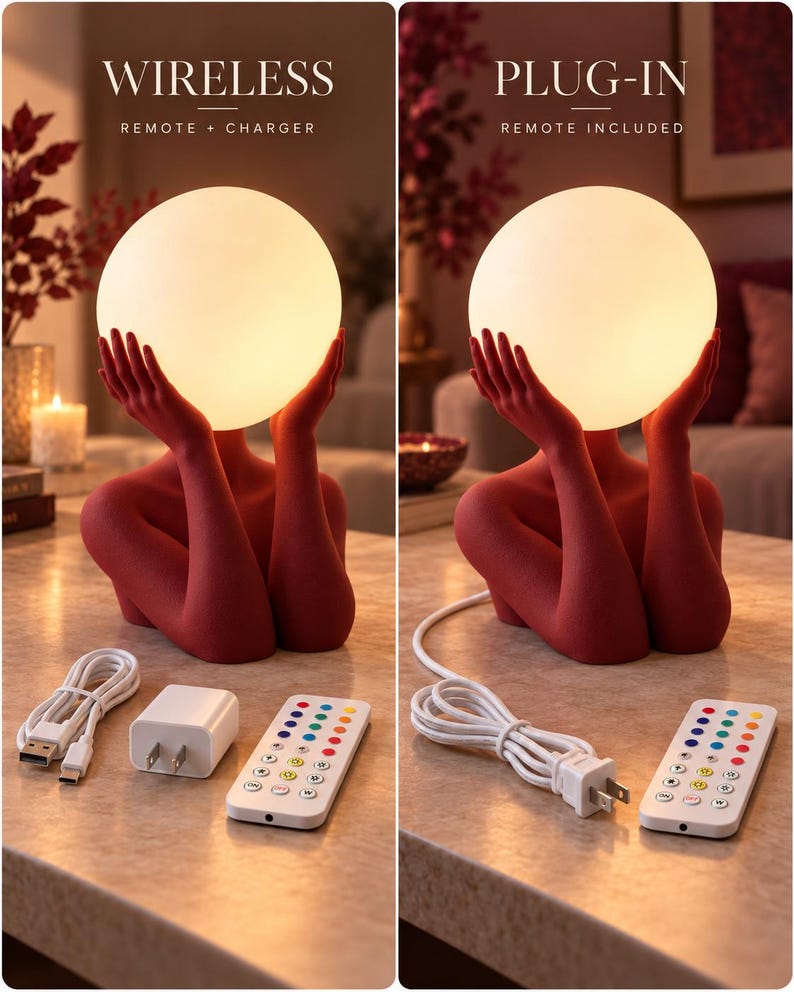 Puede incluir: Una l&aacute;mpara de mesa roja con una figura cuyas manos sostienen una esfera luminosa. La versi&oacute;n inal&aacute;mbrica incluye un cargador USB y un mando. La versi&oacute;n con enchufe incluye un cable de alimentaci&oacute;n y un mando a distancia.