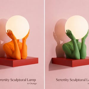 Puede incluir: Dos l&aacute;mparas esculturales Serenity, una en naranja y otra en verde, cada una con un par de manos que sostienen una bombilla blanca esf&eacute;rica. Las l&aacute;mparas est&aacute;n montadas sobre bases rectangulares rojas contra un fondo rosa claro.