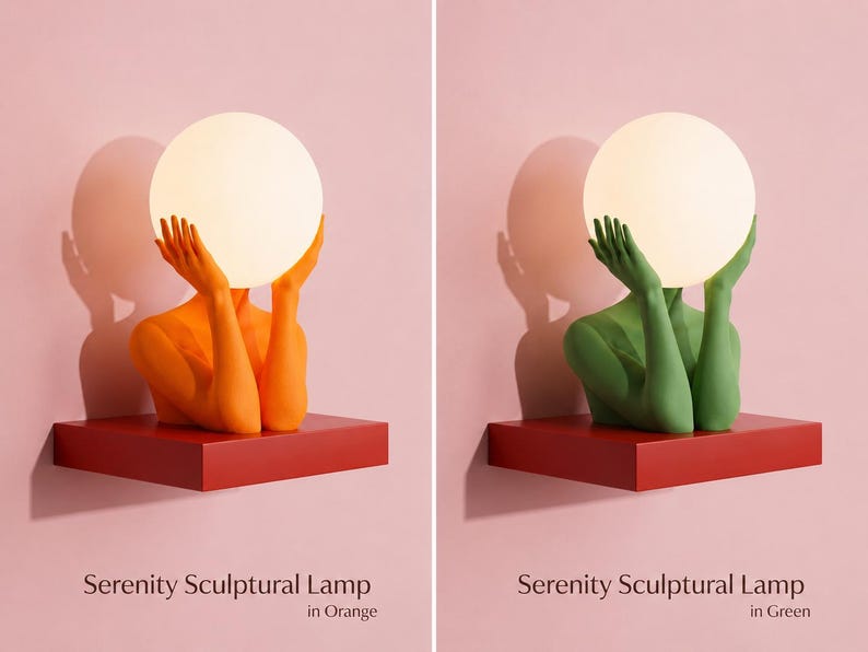 Puede incluir: Dos l&aacute;mparas esculturales Serenity, una en naranja y otra en verde, cada una con un par de manos que sostienen una bombilla blanca esf&eacute;rica. Las l&aacute;mparas est&aacute;n montadas sobre bases rectangulares rojas contra un fondo rosa claro.