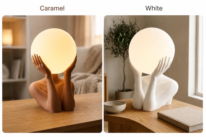 Puede incluir: Dos l&aacute;mparas de mesa que presentan un torso humano y brazos sosteniendo una bombilla esf&eacute;rica brillante. Una l&aacute;mpara es de color caramelo y la otra es blanca. Las l&aacute;mparas est&aacute;n etiquetadas como Caramel y White, mostrando las opciones.