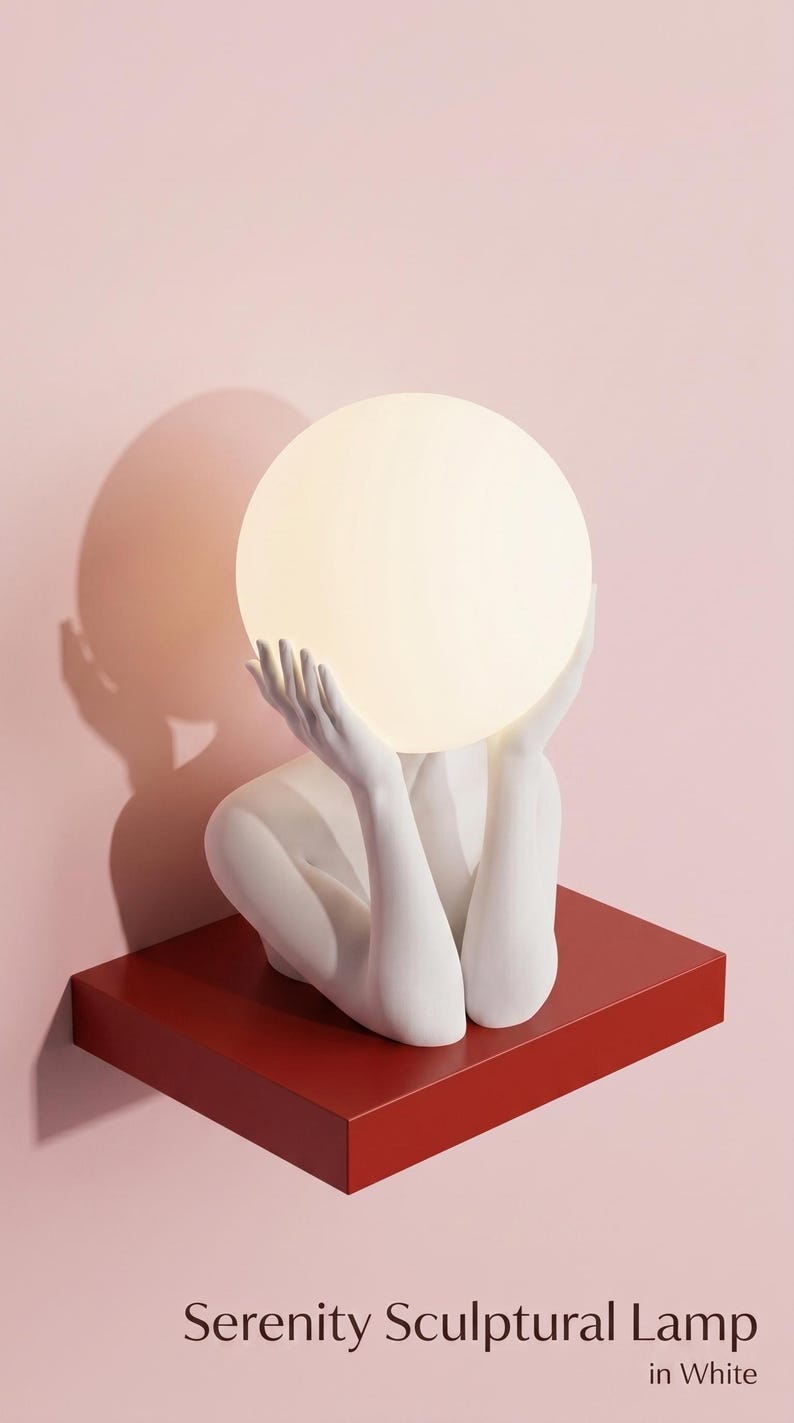 May include: A white sculptural lamp featuring a pair of hands cradling a glowing spherical light bulb. The sculpture is mounted on a rectangular red shelf. The text "Serenity Sculptural Lamp in White" is printed at the bottom of the image.
