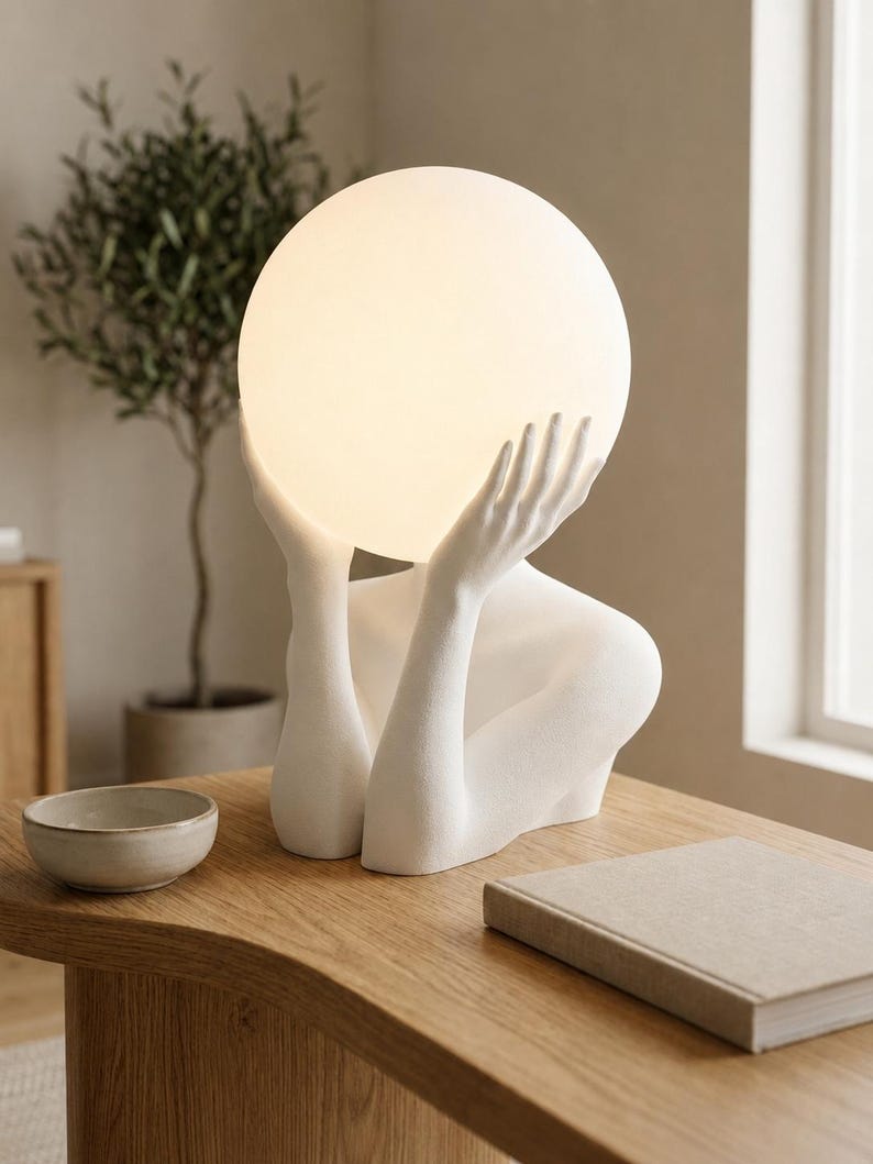 Puede incluir: Una l&aacute;mpara de mesa blanca con una figura esculpida cuyos brazos levantados sostienen una gran bombilla esf&eacute;rica brillante. La base es un busto blanco mate que muestra el torso, los hombros y las manos que sostienen la esfera iluminada.