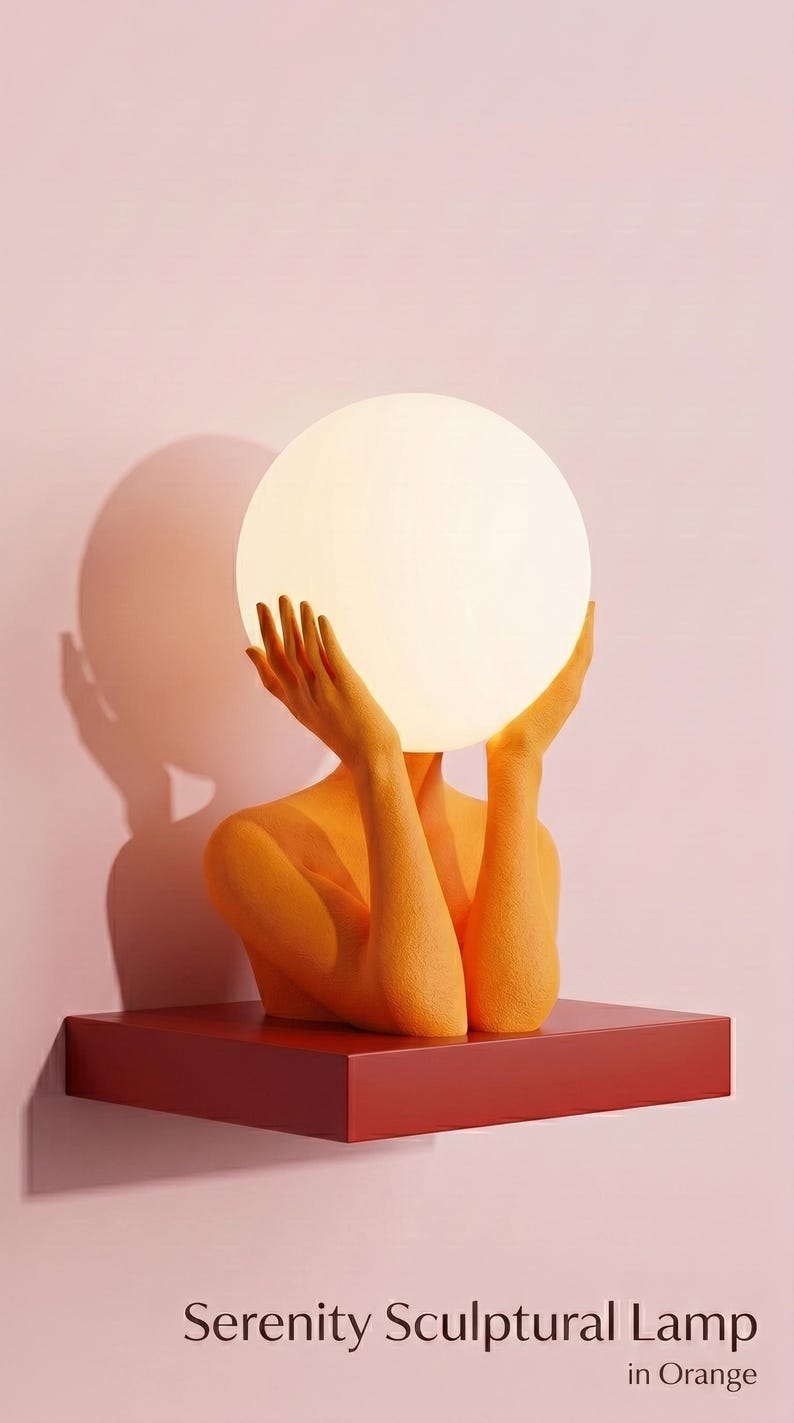 May include: A sculptural lamp featuring an orange textured figure with arms raised, holding a large, glowing, spherical white light bulb. The lamp is mounted on a rectangular red base and displays the text Serenity Sculptural Lamp in Orange.