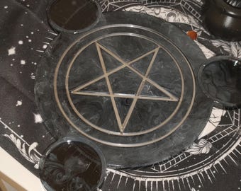 Handgefertigter Epoxidharz Pentagramm Altar-Teller – Schwarz Marmoriert mit Glitzer | Wicca Pagan Hexen Deko