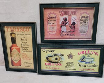Trois estampes encadrées de Louisiane : sirop de maïs Sum-Mo, sirop de canne à sucre et Tabasco