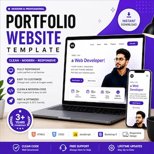 May include: A portfolio website template with a modern and responsive design, displayed on a laptop and smartphone. The template offers easy customisation and clean code. The image includes the text 'Instant Download'.