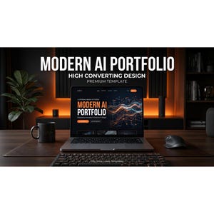 May include: A laptop showing a "Modern AI Portfolio" design on a wooden desk with a keyboard and mouse. The text "Modern AI Portfolio" and "High Converting Design" are displayed above the laptop. A black mug and a plant are also on the desk.