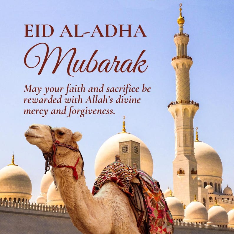Puede incluir: Imagen con el texto "EID AL-ADHA Mubarak" y un mensaje de fe. Un camello en primer plano, con una mezquita al fondo. El cielo es azul. El camello lleva una silla decorativa.