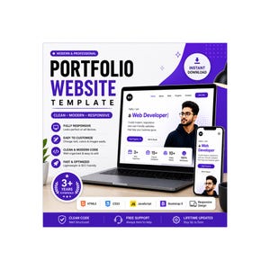 Puede incluir: Diseño de plantilla de sitio web de portafolio moderno con una maqueta de computadora portátil y teléfono inteligente. El diseño presenta el texto "PORTFOLIO WEBSITE TEMPLATE" y destaca características como la capacidad de respuesta y la fácil personalización. El diseño es en tonos de morado y blanco.