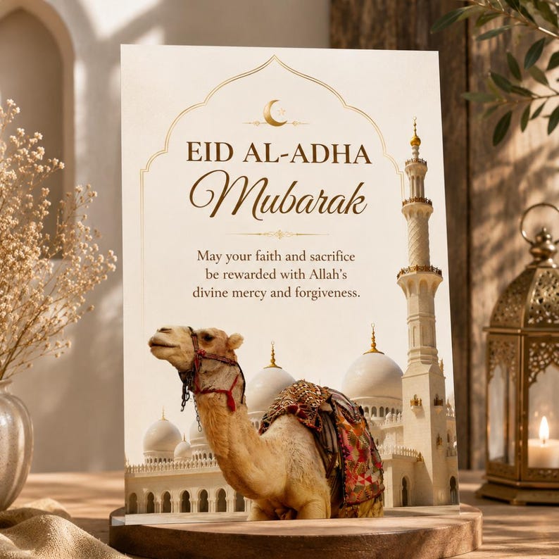 Puede incluir: Tarjeta de felicitaci&oacute;n beige Eid Al-Adha Mubarak con un camello, una mezquita y una luna creciente. La tarjeta incluye el texto "Eid Al-Adha Mubarak" y un mensaje sobre la fe y el sacrificio. Se muestra sobre una superficie de madera.