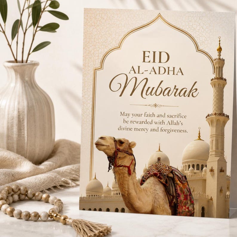Puede incluir: Tarjeta de felicitaci&oacute;n beige con el texto "EID AL-ADHA Mubarak" y una ilustraci&oacute;n de camello. La tarjeta presenta un dise&ntilde;o de mezquita y minarete. Un jarr&oacute;n con vegetaci&oacute;n y un rosario est&aacute;n en primer plano.