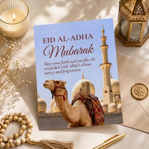 Puede incluir: Una tarjeta de felicitaci&oacute;n para Eid al-Adha con las palabras "Eid al-Adha Mubarak". La tarjeta presenta una ilustraci&oacute;n de un camello frente a una mezquita. El mensaje dice: "Que tu fe y sacrificio sean recompensados con la divina misericordia y el perd&oacute;n de Allah."
