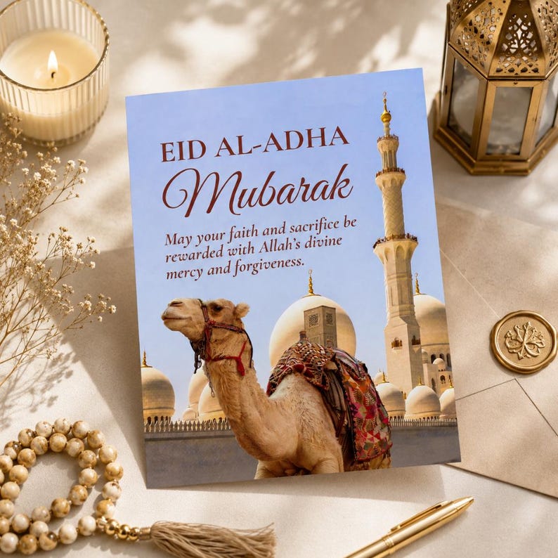 Puede incluir: Una tarjeta de felicitaci&oacute;n para Eid al-Adha con las palabras "Eid al-Adha Mubarak". La tarjeta presenta una ilustraci&oacute;n de un camello frente a una mezquita. El mensaje dice: "Que tu fe y sacrificio sean recompensados con la divina misericordia y el perd&oacute;n de Allah."
