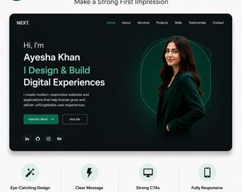 Puede incluir: Un diseño de sección hero para sitio web con fondo oscuro, el texto NEXT, Hi, I'm Ayesha Khan, I Design & Build Digital Experiences, enlaces de navegación, iconos de redes sociales, dos botones de llamada a la acción y un retrato de una persona.