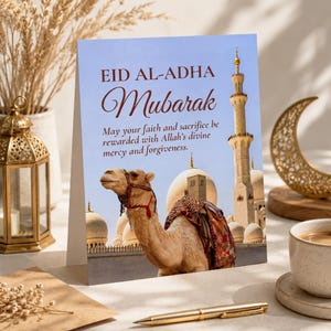 Puede incluir: Tarjeta de felicitaci&oacute;n para Eid al-Adha con un camello, una mezquita y una luna creciente. La tarjeta tiene el texto "EID AL-ADHA Mubarak" y un mensaje sobre la fe y el perd&oacute;n. Hay un bol&iacute;grafo y una taza de caf&eacute; en la mesa.
