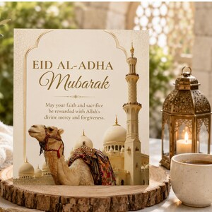 Puede incluir: Tarjeta de felicitaci&oacute;n para Eid al-Adha con la inscripci&oacute;n dorada "Eid al-Adha Mubarak". La tarjeta presenta un camello, una mezquita y una linterna. Se encuentra sobre una rodaja de madera, con una vela encendida y una taza de caf&eacute;.