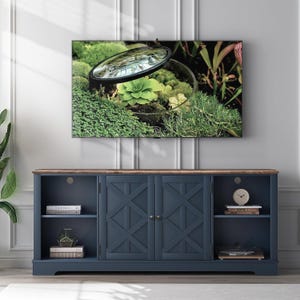 May include: A dark blue media console with a wood-tone top, featuring two central cabinet doors with an X-pattern design and two open side shelves. The console is positioned below a wall-mounted television displaying a terrarium image.