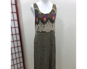 Vintage Womens 12 Tank Maxi Dress High Waisted Cottage Core Floral