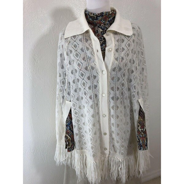1970s Knit Poncho Ben Goodman WPL 4302 One Size Cream Cape Cocoon Button Up