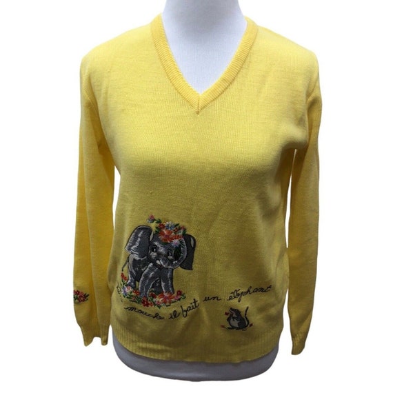 Vtg Mid Century V-Neck Sweater Embroidered Elepha… - image 1