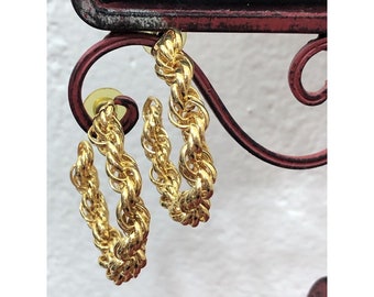 Vintage Large Goldtone Pierced Hoop Earrings Braided Fashion