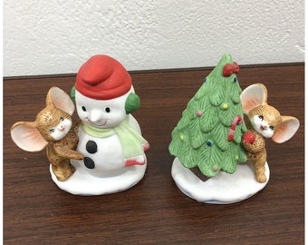 Vintage Homco Christmas Mice Mouse Snowman Tree 8905 Figurine Decor