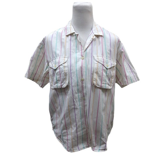 1980's Chaus Sport Button Front Shirt Pastel Strip