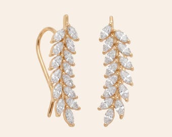 Diamant Blatt Ohr Kletterer Ohrringe | Marquise Lab Diamant | Gold Ohrringe | Natur inspiriert | Elegante Hochzeit Schmuck Geschenk für Sie