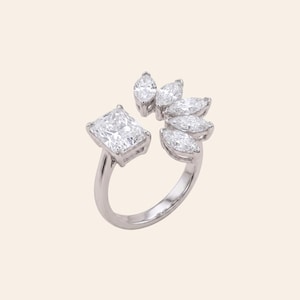 Emerald Cut Lab Grown Diamond Open Ring, Marquise Diamond Leaf Ring, Nature Inspired Engagement Ring, Statement Bridal Ring